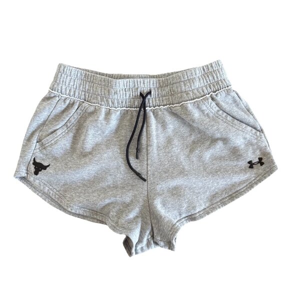 Under Armour Project Rock Fleece Sweat Shorts Drawstring Logo Gray Size M Women - Picture 1 of 13